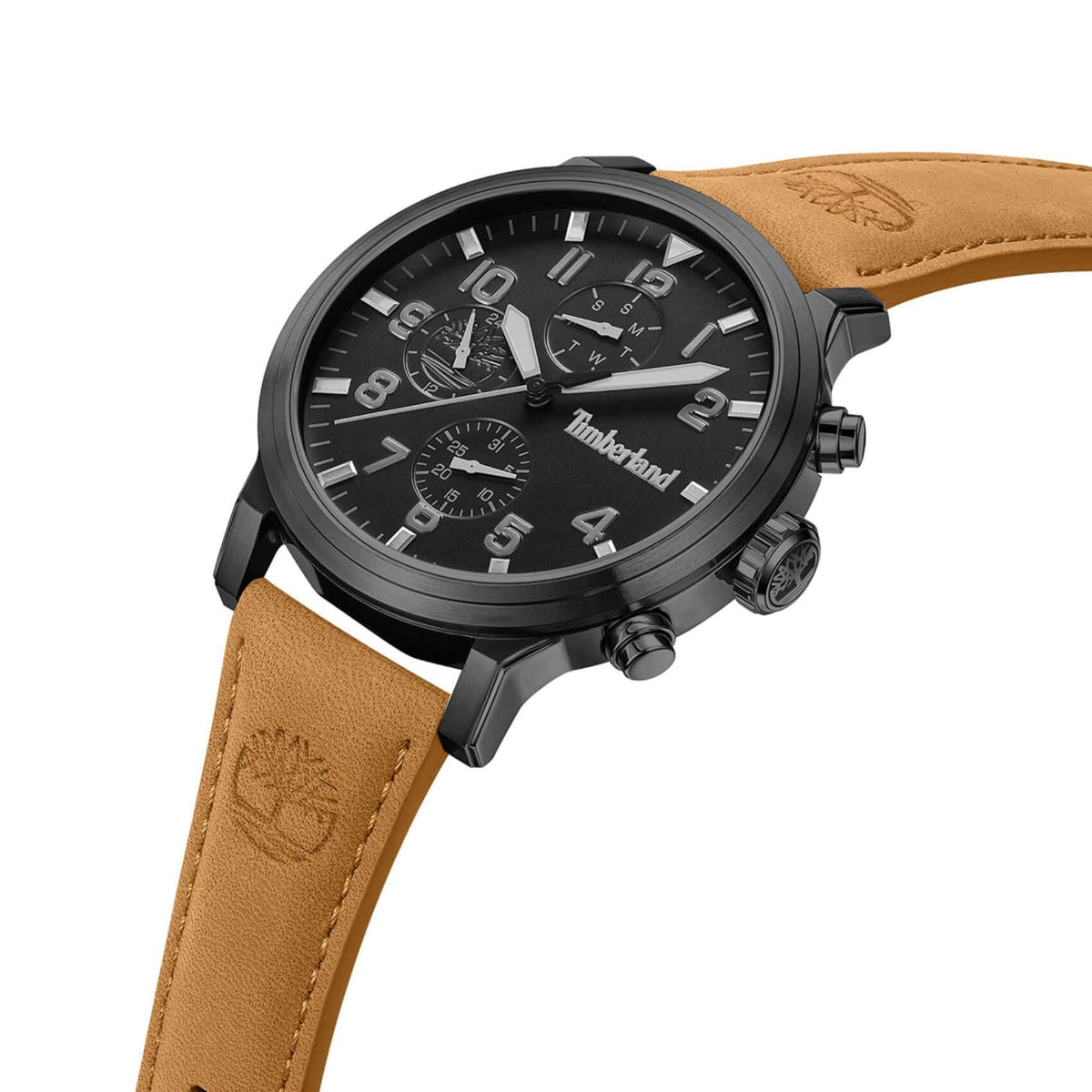 Κοντινό στο μαύρο καντράν του Timberland Driscoll TDWGF0040701 με ένδειξη ημέρας-ημερομηνίας.