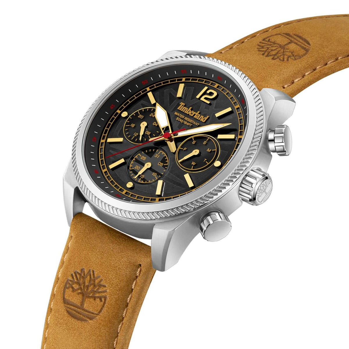 Πλάγια όψη του Timberland Henniker II TDWGF0082801 με ταμπά δερμάτινο λουράκι και κάσα 46 mm.