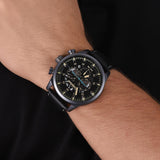 Ανδρικό ρολόι Timberland Henniker III TDWGF2100601 dual time με μαύρο δερμάτινο λουράκι και μαύρο καντράν διαμέτρου 46mm.