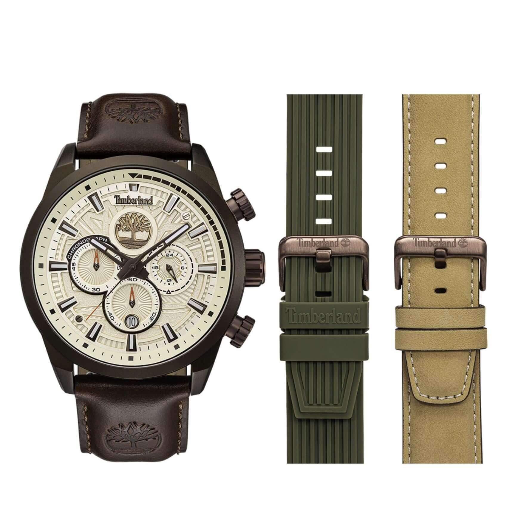 Timberland Henniker III TDWGQ00949X1 Box Set με μπεζ καντράν και ενδείξεις χρονογράφου, διπλής ώρας και ημερομηνίας. Με 3 εναλλάξιμα λουράκια. 