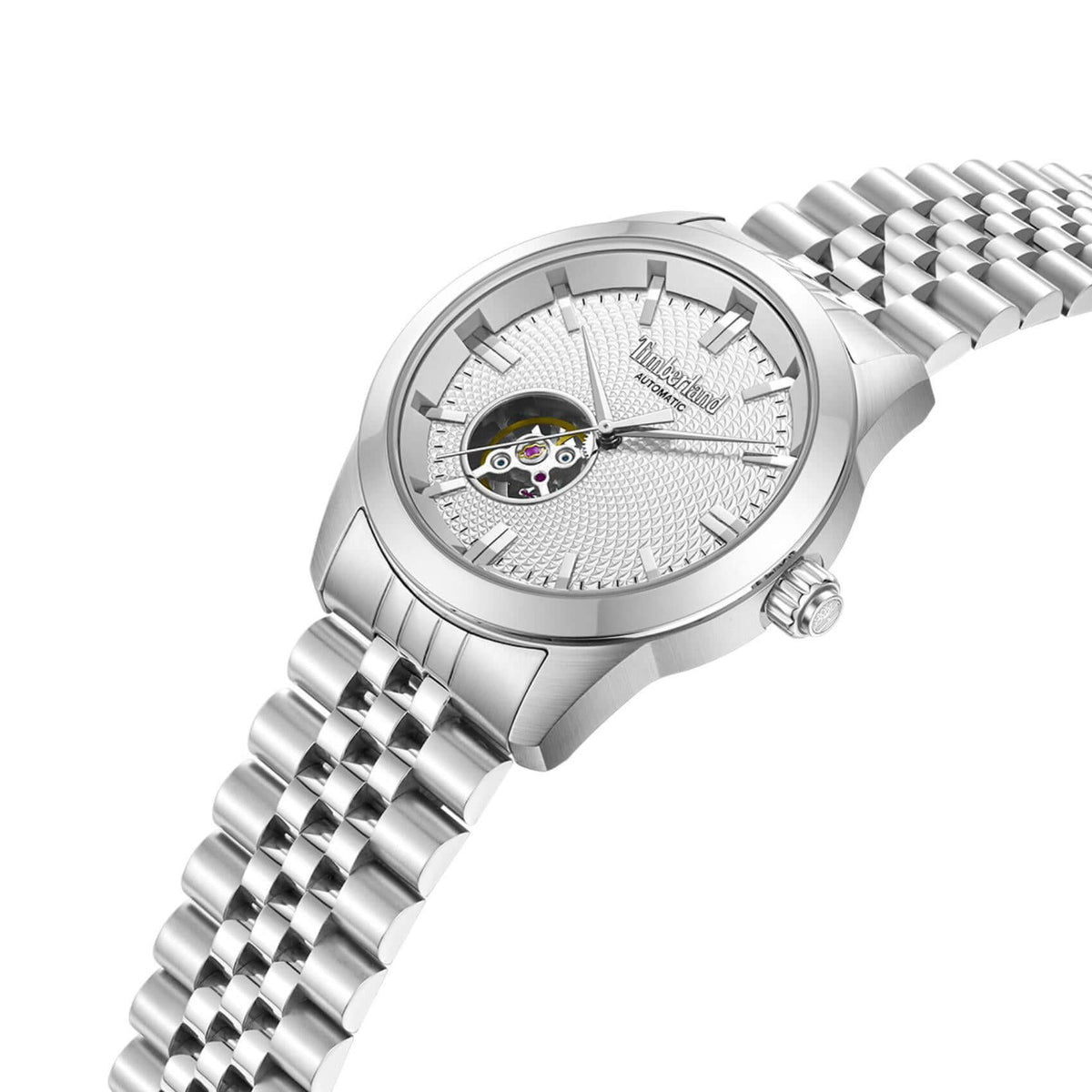 Πλάγια όψη του Timberland Lodgepole TDWGY0094002 με ασημί ατσάλινο μπρασελέ και κάσα 41 mm.