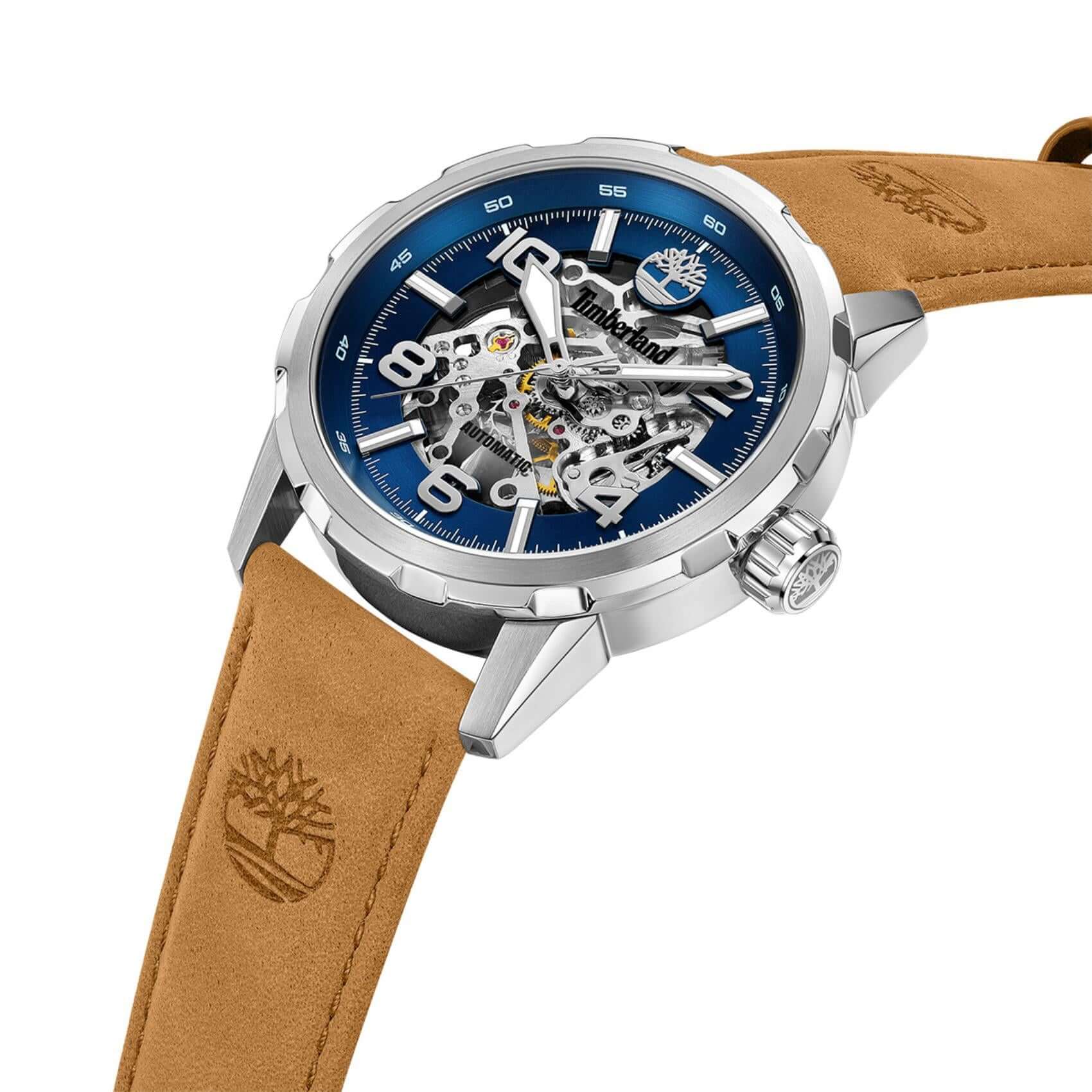 Πλάγια όψη του Timberland Montville TDWGE0041801 με ταμπά δερμάτινο λουράκι και κάσα 46 mm.