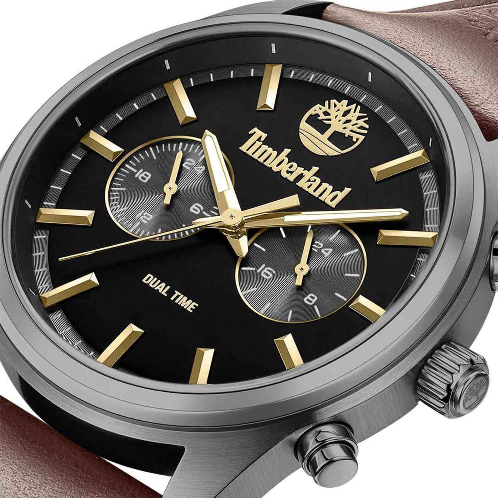 Ρολόι Dual Time Timberland Northbridge tdwgf0041201 χρονογράφος με καφέ δερμάτινο λουράκι και μαύρο καντράν 45mm.