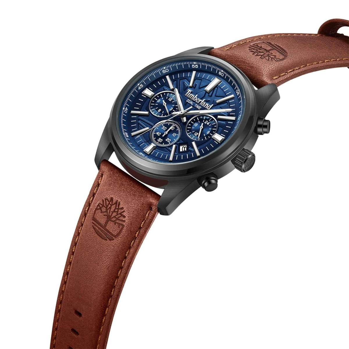 Κοντινό στο μπλε καντράν του Timberland Northbridge TDWGF0041204 με ένδειξη ημερομηνίας και διπλής ώρας.