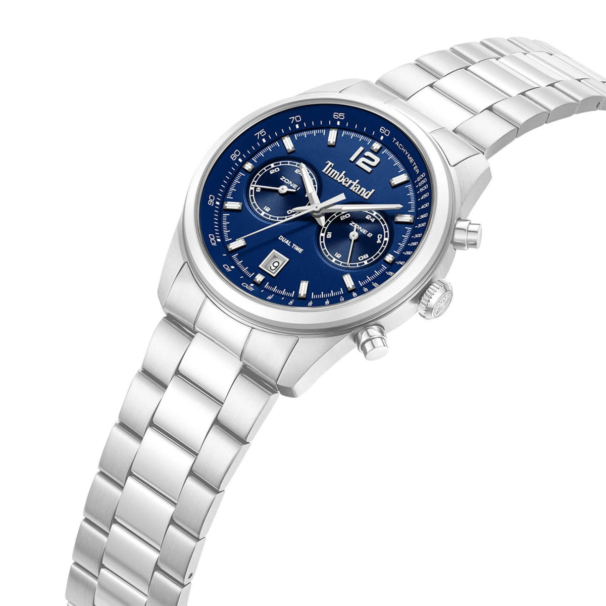 Κοντινό στο καντράν του Timberland Northbridge TDWGK0094403 με μπλε dial, ένδειξη ημερομηνίας και διπλή ώρα.