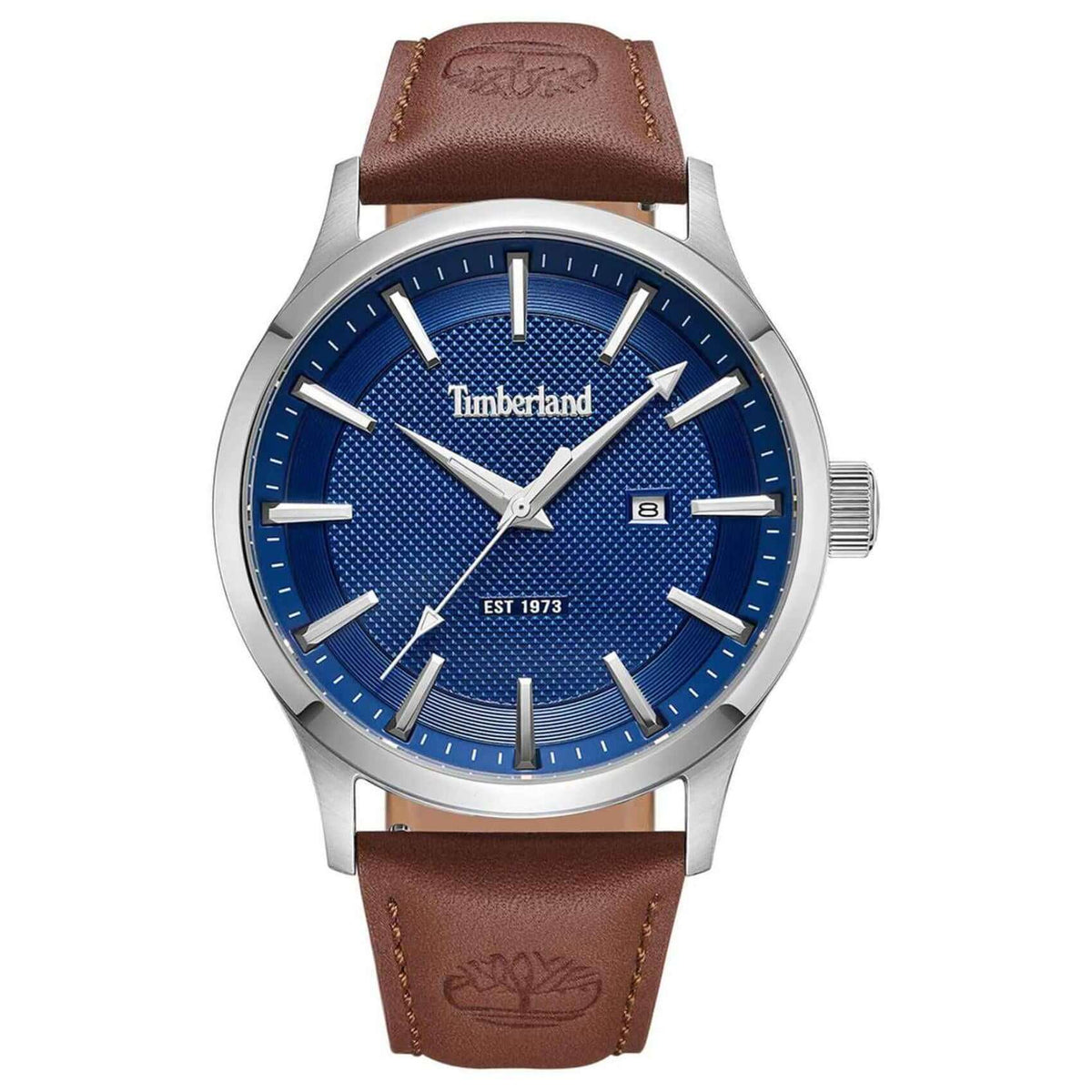 Ρολόι Timberland Trumbull tdwgb0041001 με καφέ δερμάτινο λουρί και μπλε καντράν διαμέτρου 45mm με ημερομηνία.