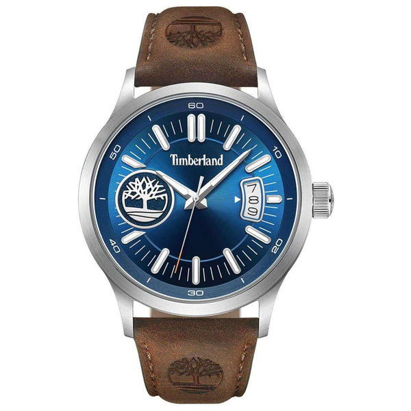 Ανδρικό ρολόι Timberland Trumbull TDWGB0041005 με ταμπά δερμάτινο λουράκι και μπλε καντράν διαμέτρου 45mm.