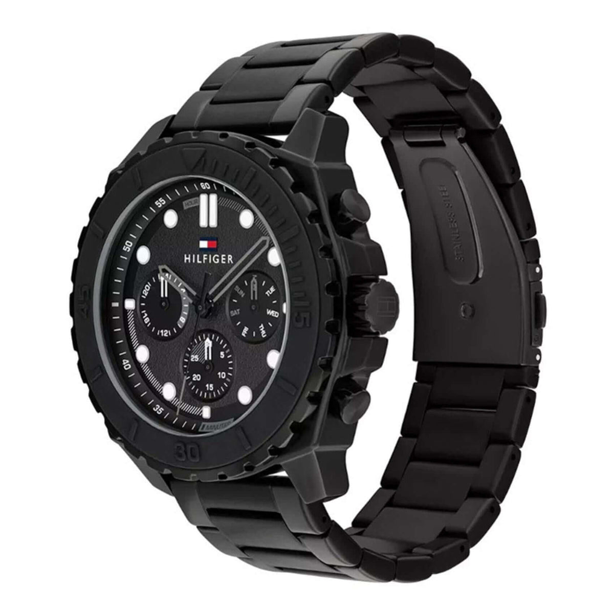 Ανδρικό ρολόι Tommy Hilfiger Morgan 1710690 με μαύρο ατσάλινο μπρασελέ και μαύρο καντράν διαμέτρου 48mm, πλαϊνή όψη.