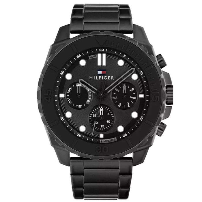 Ανδρικό ρολόι Tommy Hilfiger Morgan 1710690 με μαύρο ατσάλινο μπρασελέ και μαύρο καντράν διαμέτρου 48mm.