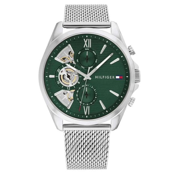 Αντρικό ρολόι Tommy Hilfiger Baker 1710647 με ασημί ατσάλινο μπρασελέ και πράσινο καντράν 44mm.