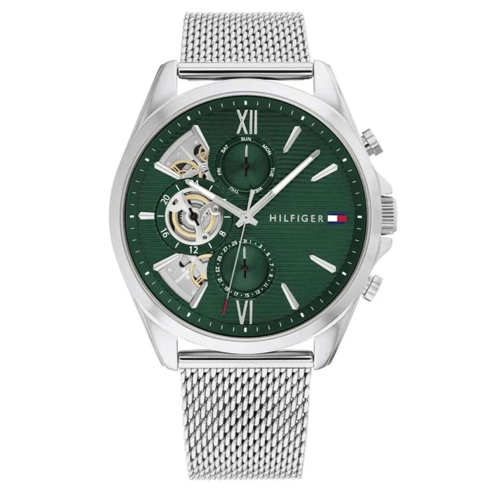 Αντρικό ρολόι Tommy Hilfiger Baker 1710647 με ασημί ατσάλινο μπρασελέ και πράσινο καντράν 44mm.