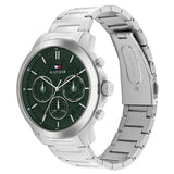 Ανδρικό ρολόι Tommy Hilfiger Henry 1710686 με ασημί ατσάλινο μπρασελέ και σκούρο πράσινο καντράν διαμέτρου 43mm, πλαϊνή όψη.