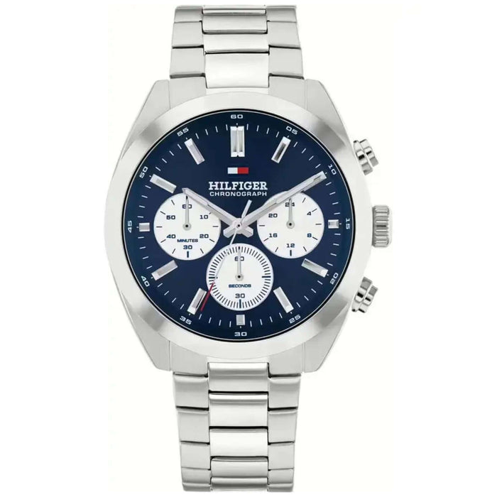 Αντρικό ρολόι Tommy Hilfiger Hudson 1710722 χρονογράφος με ασημί ατσάλινο μπρασελέ και μπλε καντράν διαμέτρου 40mm.