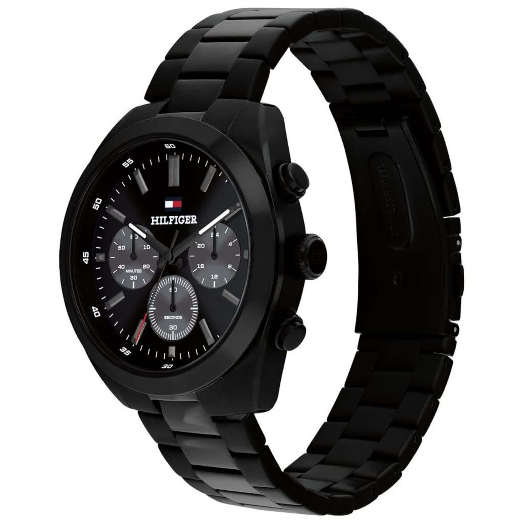 Αντρικό ρολόι Tommy Hilfiger Hudson 1710724 χρονογράφος με μαύρο ατσάλινο μπρασελέ και μαύρο καντράν 40mm.