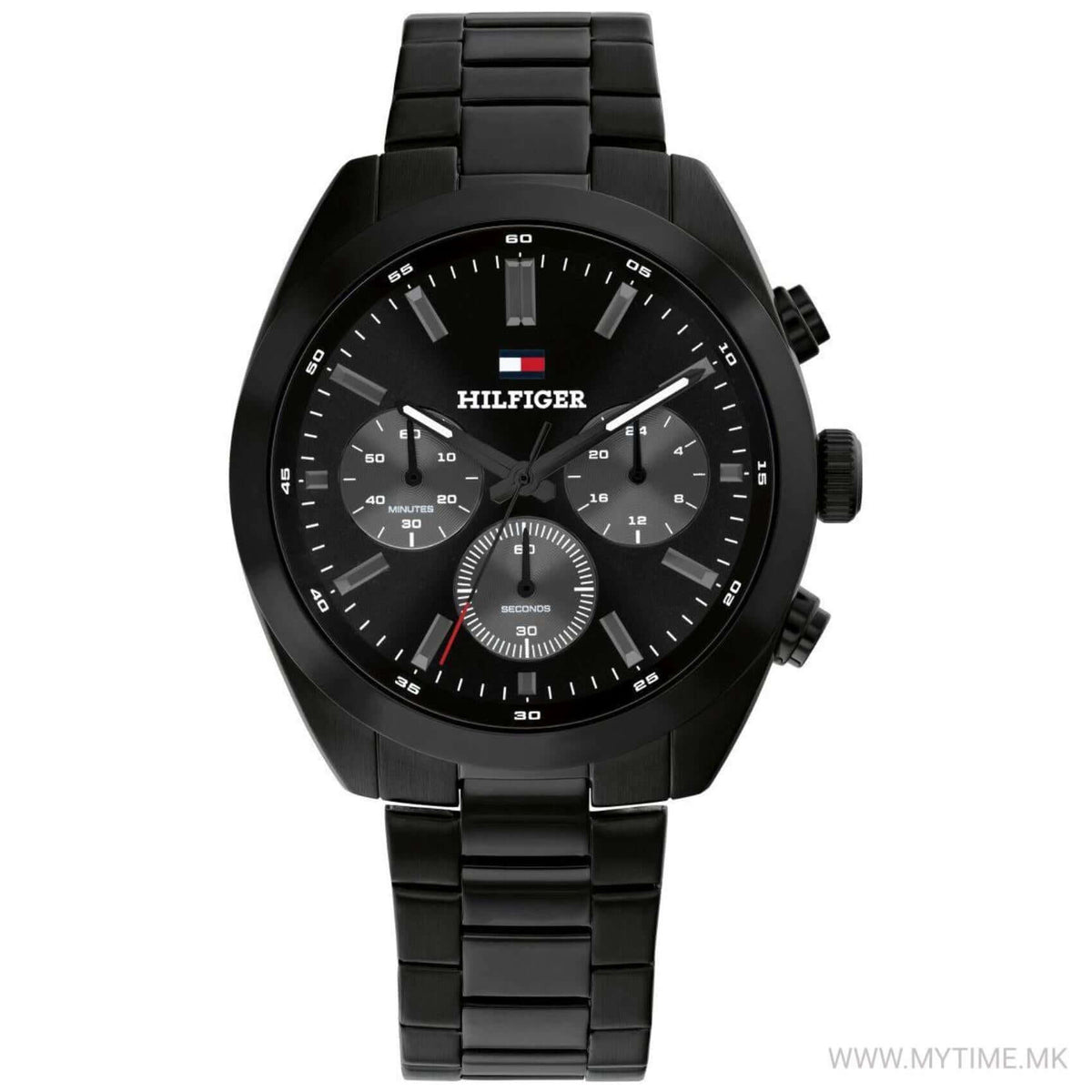Αντρικό ρολόι Tommy Hilfiger Hudson 1710724 χρονογράφος με μαύρο ατσάλινο μπρασελέ και μαύρο καντράν διαμέτρου 40mm.