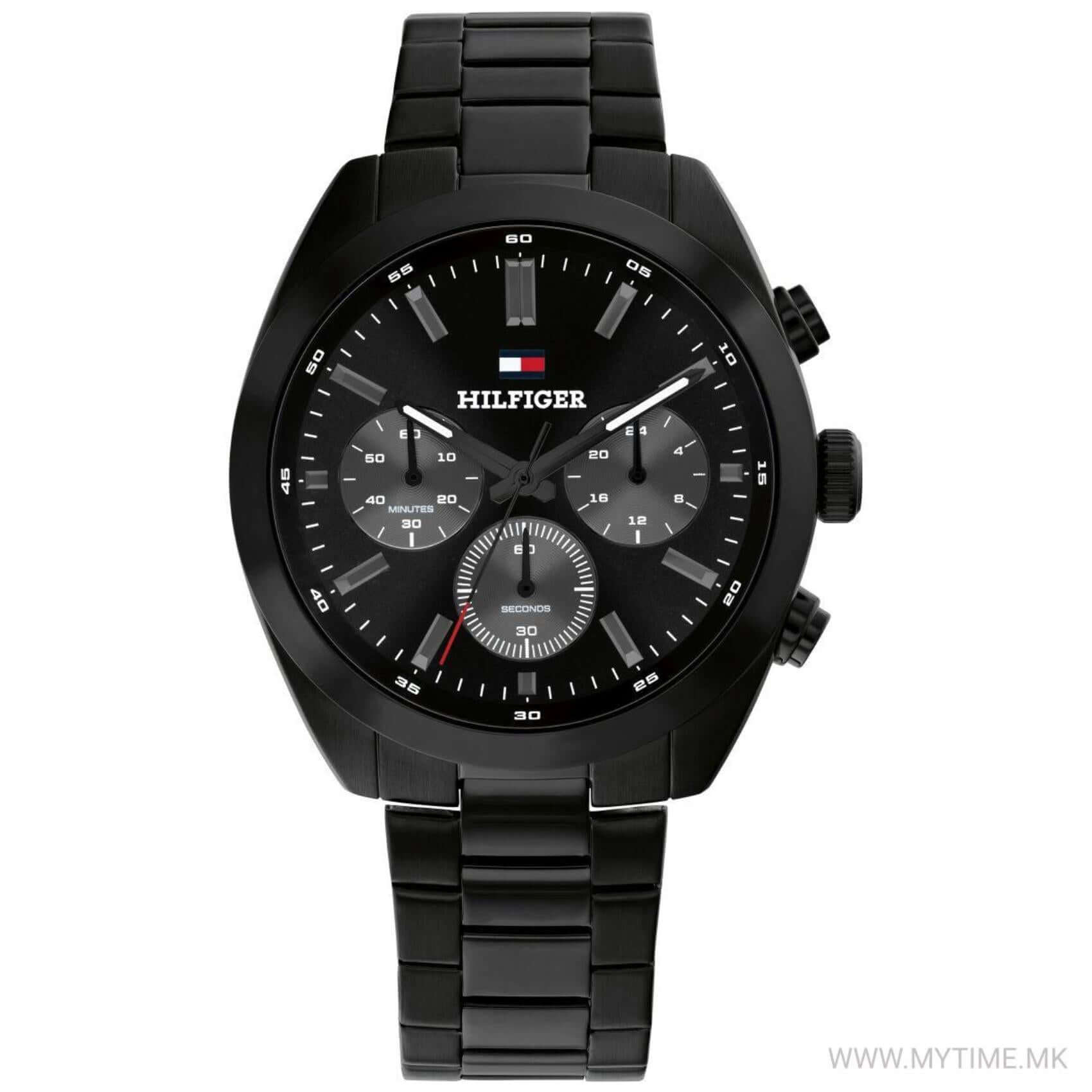 Αντρικό ρολόι Tommy Hilfiger Hudson 1710724 χρονογράφος με μαύρο ατσάλινο μπρασελέ και μαύρο καντράν διαμέτρου 40mm.