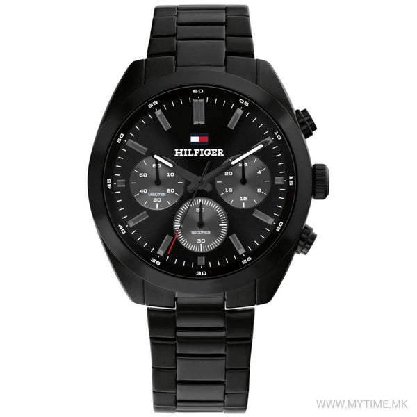 Αντρικό ρολόι Tommy Hilfiger Hudson 1710724 χρονογράφος με μαύρο ατσάλινο μπρασελέ και μαύρο καντράν διαμέτρου 40mm.