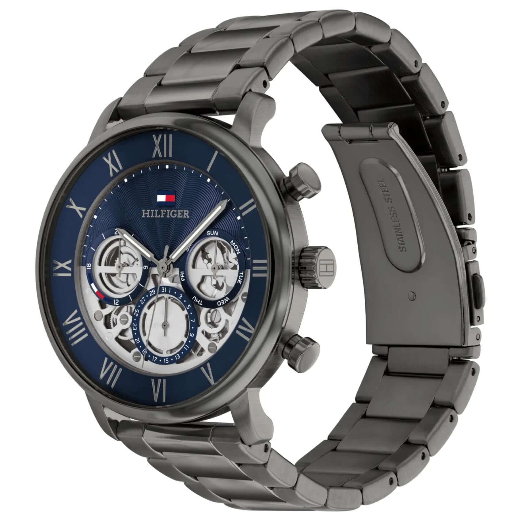 Ανδρικό ρολόι Tommy Hilfiger Legend 1710707 με ανθρακί ατσάλινο μπρασελέ και μπλε καντράν 44mm.