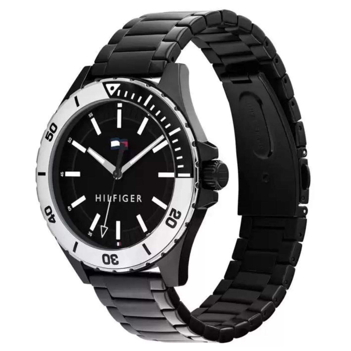 Ανδρικό ρολόι Tommy Hilfiger Logan 1792014 με μαύρο ατσάλινο μπρασελέ και μαύρο καντράν διαμέτρου 43mm.