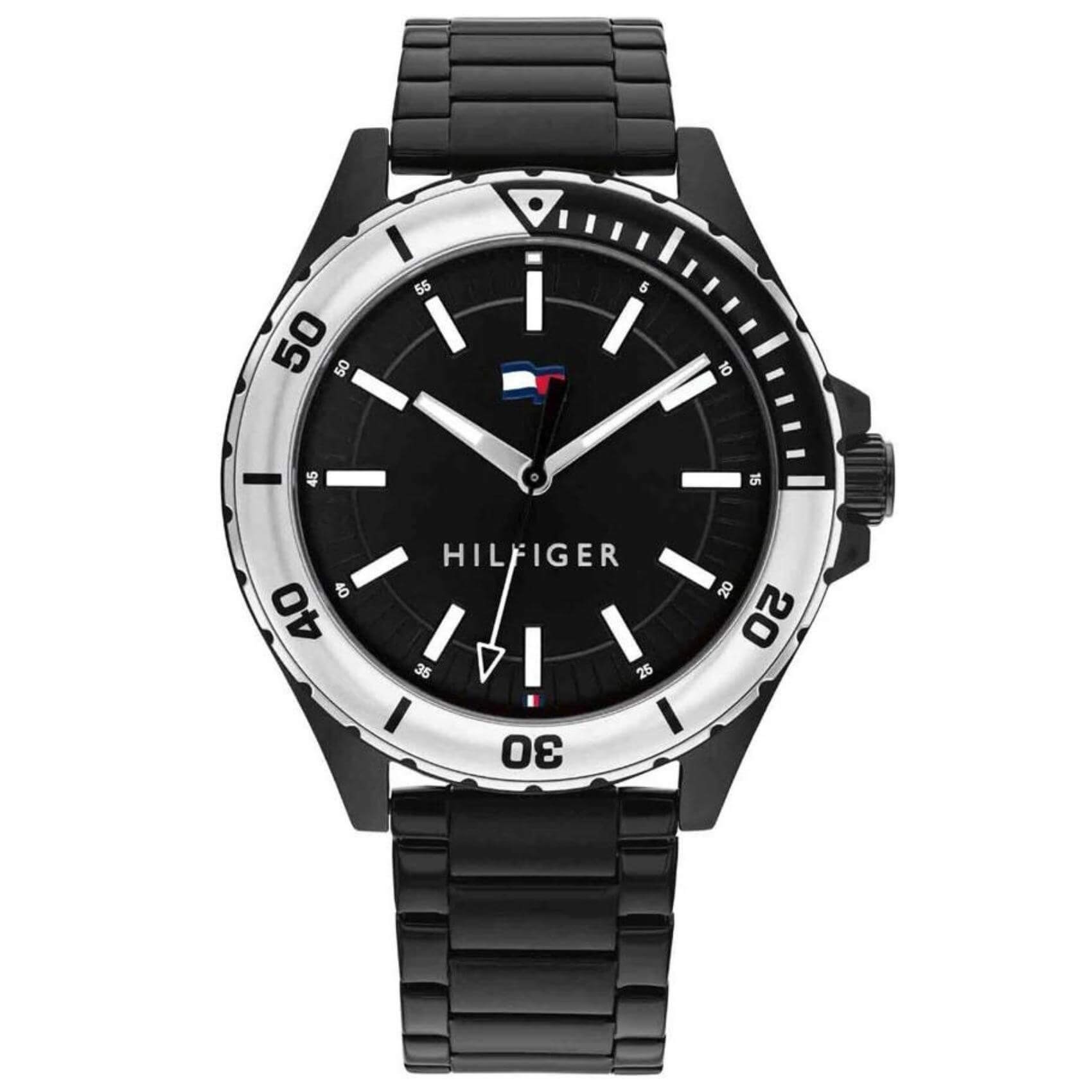 Ανδρικό ρολόι Tommy Hilfiger Logan 1792014 με μαύρο ατσάλινο μπρασελέ και μαύρο καντράν διαμέτρου 43mm.