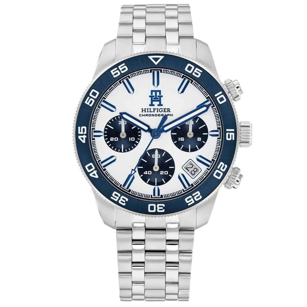 Ρολόι Tommy Hilfiger TH85 1792157 χρονογράφος με ασημί ατσάλινο μπρασελέ και άσπρο καντράν διαμέτρου 41mm.