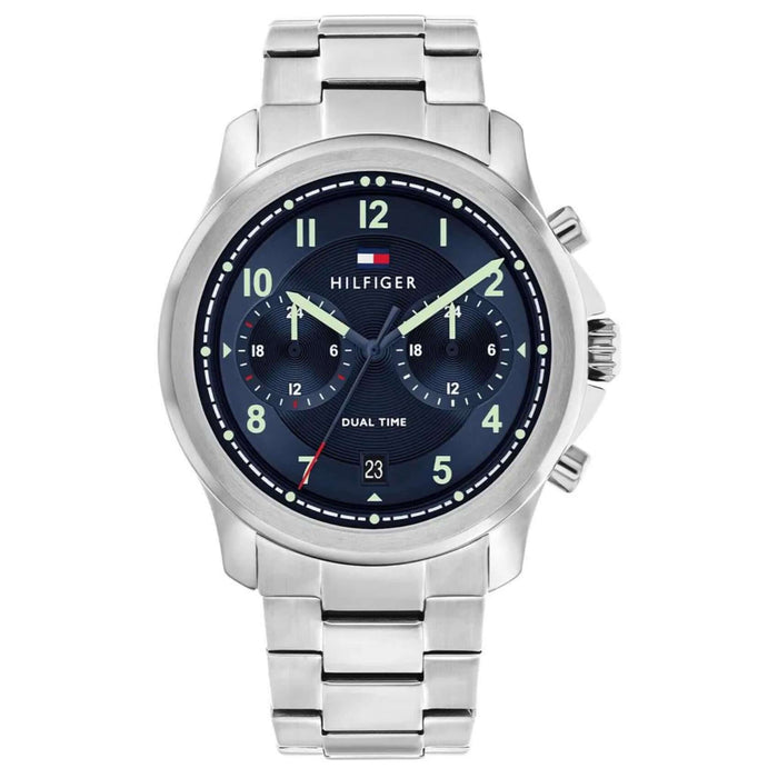 Ρολόι Tommy Hilfiger Wesley 1710626 dual time με ασημί ατσάλινο μπρασελέ και μπλε καντράν διαμέτρου 42mm. 