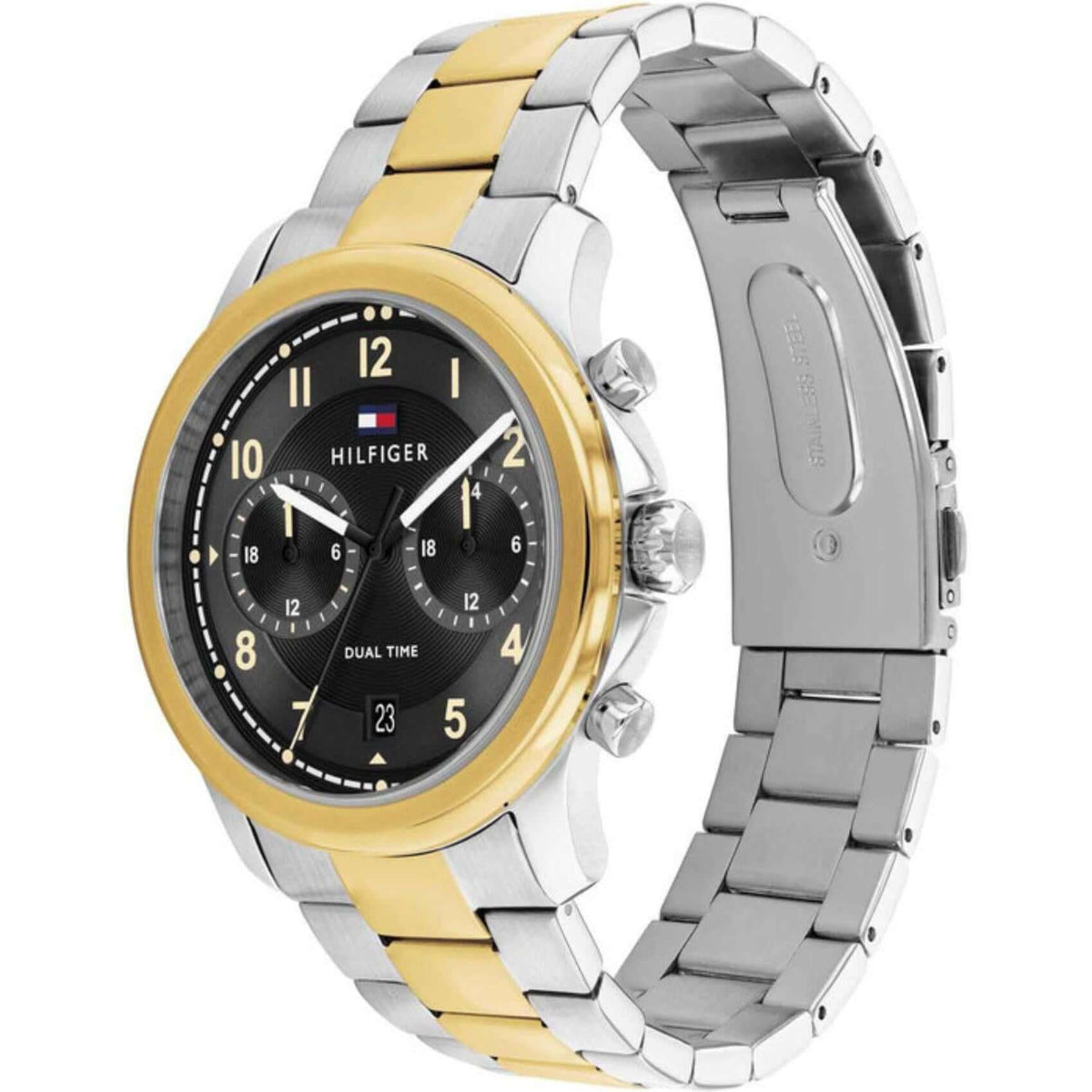Ρολόι Tommy Hilfiger Wesley 1710627 με δίχρωμο ασημί-χρυσό ατσάλινο μπρασελέ και μαύρο καντράν διαμέτρου 42mm.