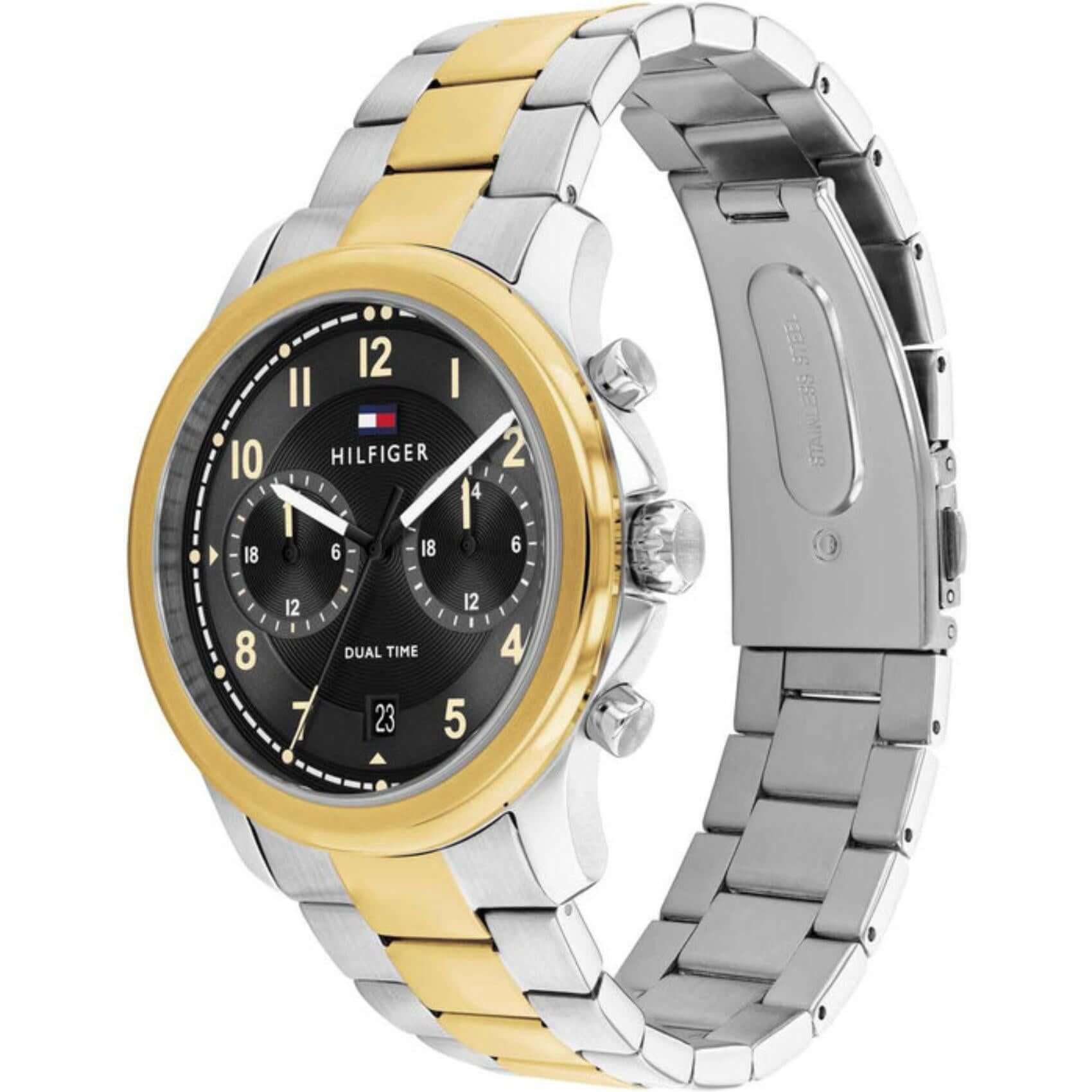 Ρολόι Tommy Hilfiger Wesley 1710627 με δίχρωμο ασημί-χρυσό ατσάλινο μπρασελέ και μαύρο καντράν διαμέτρου 42mm.