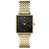 Γυναικείο ρολόι Rosefield Boxy Black QBSG-Q017 με χρυσό ατσάλινο μπρασελέ, καντράν σε μαύρο χρώμα και τετράγωνο σχήμα μεγέθους 26mmX28mm.