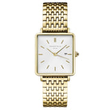 Γυναικείο ρολόι Rosefield Boxy White Gold QWSG-Q09 με χρυσό ατσάλινο μπρασελέ, καντράν σε άσπρο χρώμα και τετράγωνο σχήμα μεγέθους 26mmX28mm.
