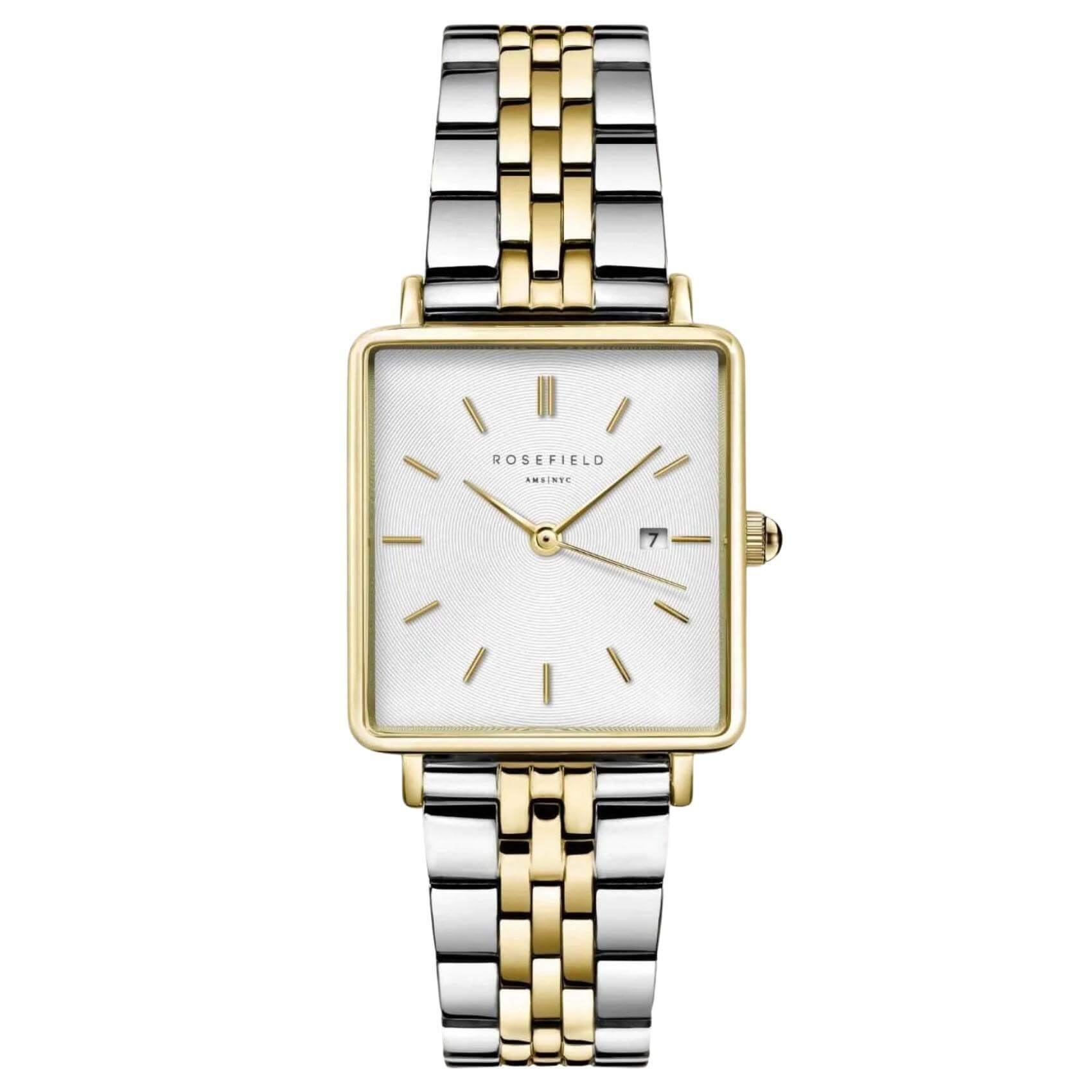 Γυναικείο ρολόι Rosefield Boxy White Sunray QVSGD-Q013 με δίχρωμο ασημί-χρυσό ατσάλινο μπρασελέ, καντράν σε άσπρο χρώμα και τετράγωνο σχήμα μεγέθους 26mmX28mm. 