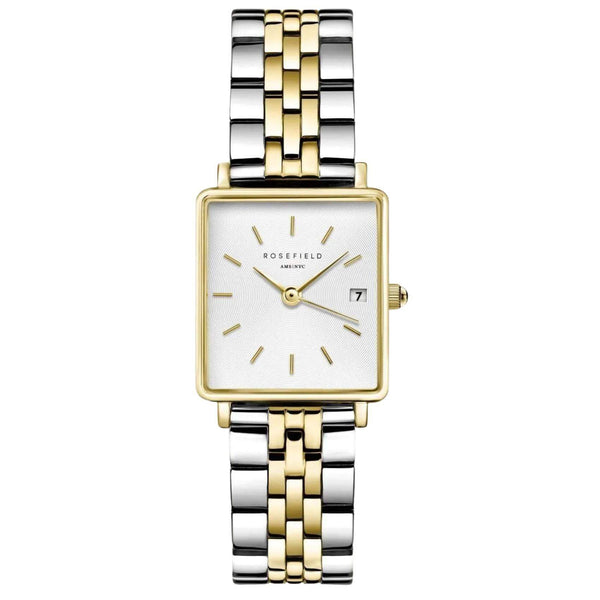 Γυναικείο ρολόι Rosefield Boxy XS Duo QMWSSG-Q023 με δίχρωμο ασημί-χρυσό ατσάλινο μπρασελέ, καντράν σε άσπρο χρώμα και τετράγωνο σχήμα μεγέθους 22mmX24mm.