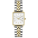 Γυναικείο ρολόι Rosefield Boxy XS Duo QMWSSG-Q023 με δίχρωμο ασημί-χρυσό ατσάλινο μπρασελέ, καντράν σε άσπρο χρώμα και τετράγωνο σχήμα μεγέθους 22mmX24mm.