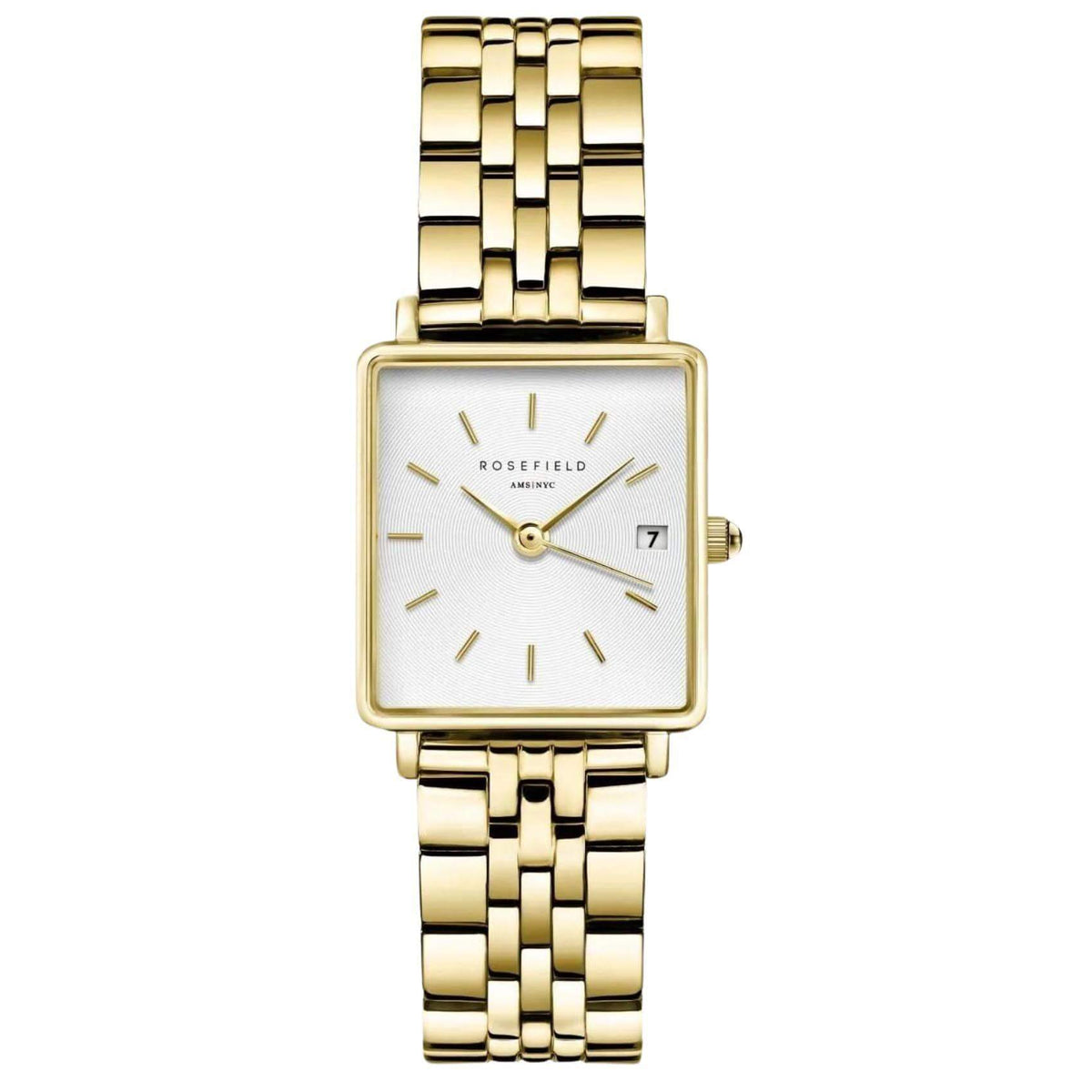Γυναικείο ρολόι Rosefield Boxy XS Gold QMWSG-Q021 με χρυσό ατσάλινο μπρασελέ, καντράν σε άσπρο χρώμα και τετράγωνο σχήμα μεγέθους 22mmX24mm.