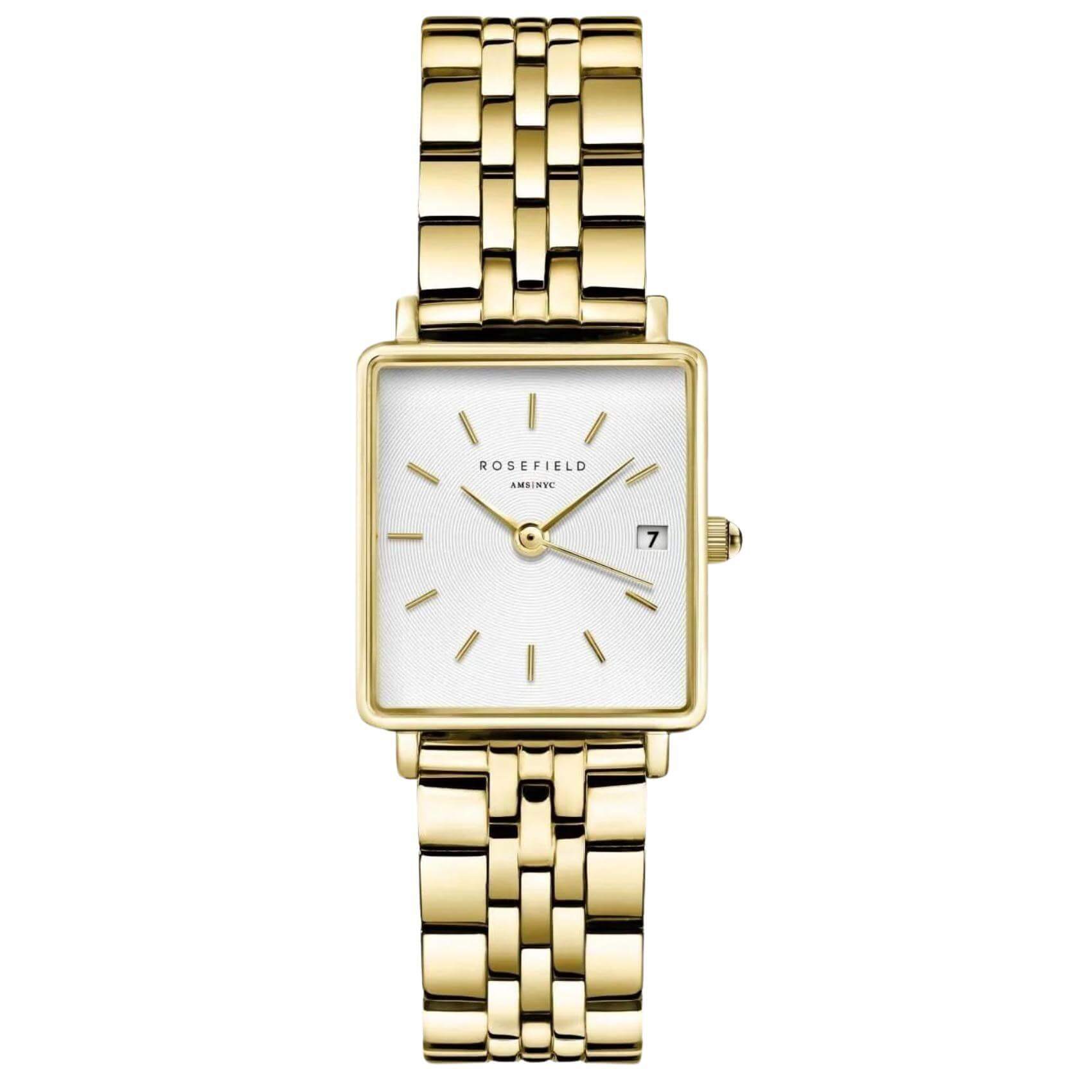Γυναικείο ρολόι Rosefield Boxy XS Gold QMWSG-Q021 με χρυσό ατσάλινο μπρασελέ, καντράν σε άσπρο χρώμα και τετράγωνο σχήμα μεγέθους 22mmX24mm.