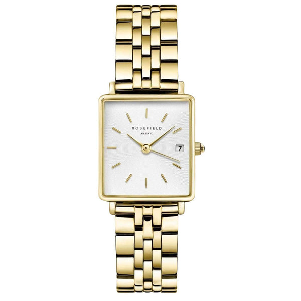 Γυναικείο ρολόι Rosefield Boxy XS Gold QMWSG-Q021 με χρυσό ατσάλινο μπρασελέ, καντράν σε άσπρο χρώμα και τετράγωνο σχήμα μεγέθους 22mmX24mm.