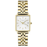 Γυναικείο ρολόι Rosefield Boxy XS Gold QMWSG-Q021 με χρυσό ατσάλινο μπρασελέ, καντράν σε άσπρο χρώμα και τετράγωνο σχήμα μεγέθους 22mmX24mm.