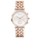 Γυναικείο ρολόι χρονογράφος Rosefield Gabby White NWG-N91 με ροζ χρυσό ατσάλινο μπρασελέ και άσπρο καντράν διαμέτρου 33mm.