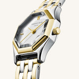 Ρολόι Rosefield Gemme Duotone GWGSG-G03 με δίχρωμο ασημί-χρυσό ατσάλινο μπρασελέ, καντράν σε άσπρο χρώμα και οκτάγωνο σχήμα μεγέθους 21.5mmX27.5mm.