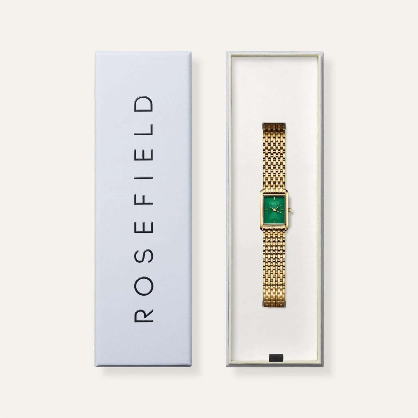 Ρολόι Rosefield Heirloom HEGSG-H05 με ασημί ατσάλινο μπρασελέ και πράσινο καντράν τετράγωνο σχήμα μεγέθους 23.5mm X 30.6mm.
