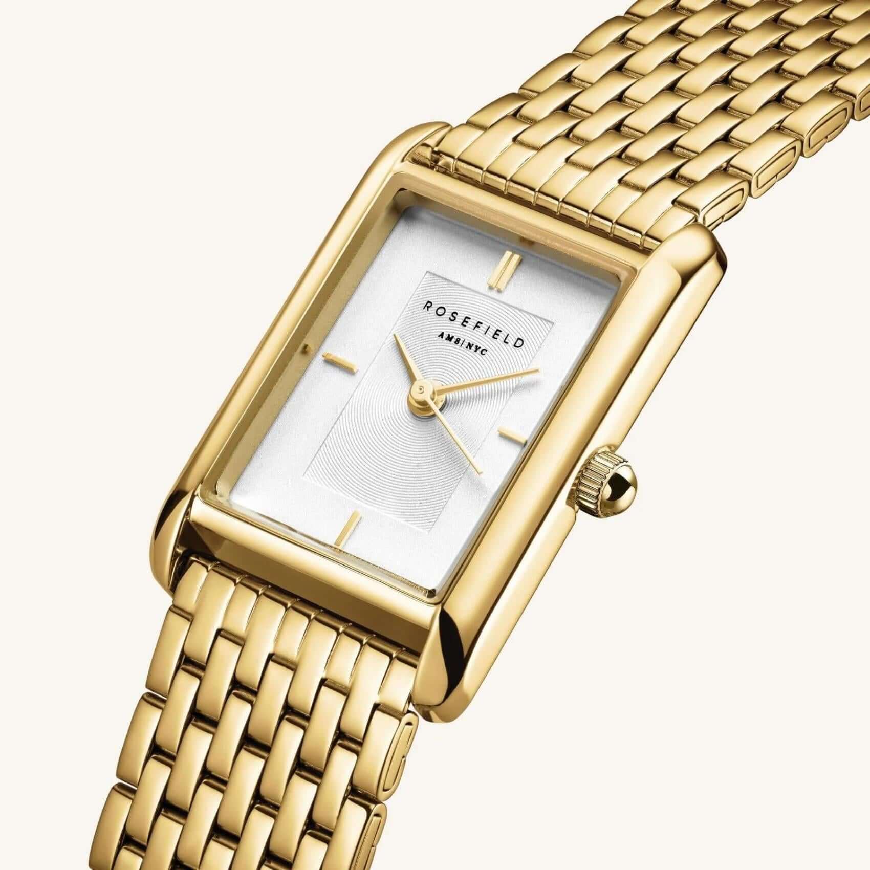 Ρολόι Rosefield Heirloom HWGSG-H01 με χρυσό ατσάλινο μπρασελέ και άσπρο καντράν τετράγωνο σχήμα μεγέθους 23.5mm X 30.6mm.