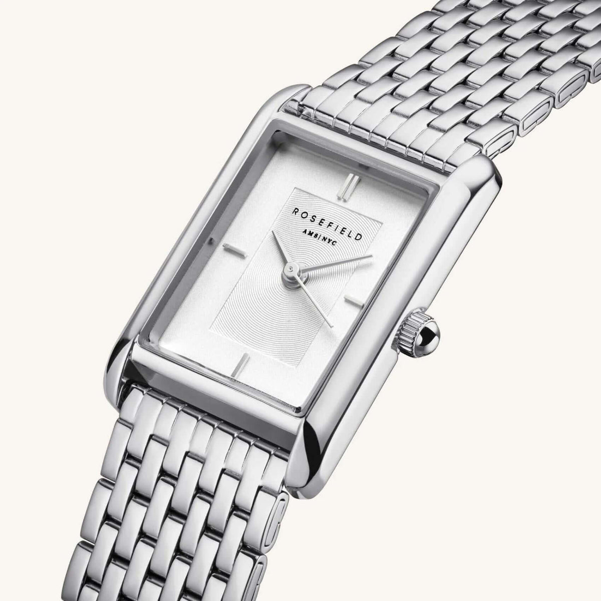 Ρολόι Rosefield Heirloom HWSSS-H02 με ασημί ατσάλινο μπρασελέ και άσπρο καντράν τετράγωνο σχήμα μεγέθους 23.5mm X 30.6mm.