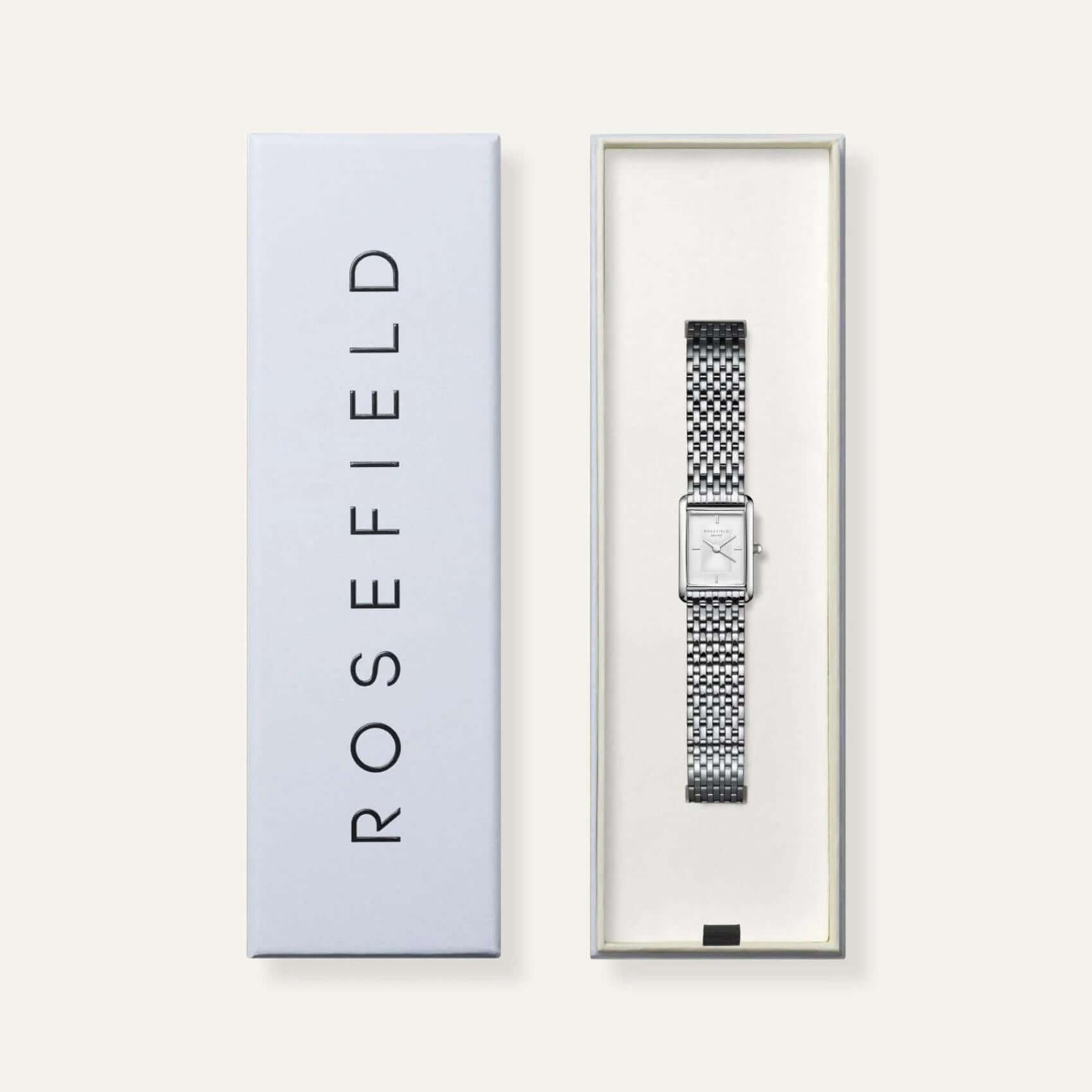 Ρολόι Rosefield Heirloom HWSSS-H02 με ασημί ατσάλινο μπρασελέ και άσπρο καντράν τετράγωνο σχήμα μεγέθους 23.5mm X 30.6mm.