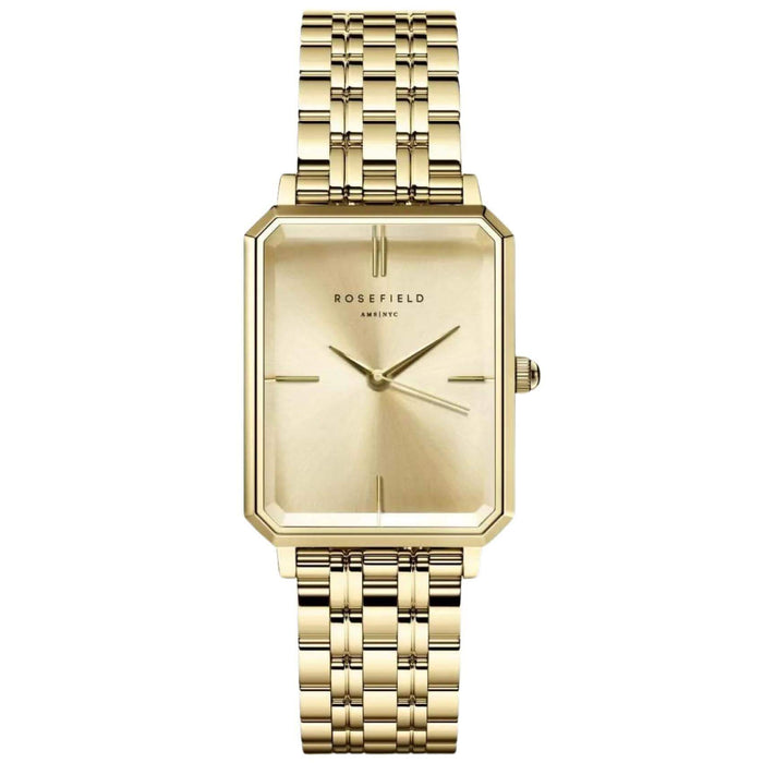 Γυναικείο ρολόι Rosefield Octagon Champagne OCGSG-O65 με χρυσό ατσάλινο μπρασελέ, καντράν σε χρυσό χρώμα και οκτάγωνο σχήμα μεγέθους 23mmX29mm.