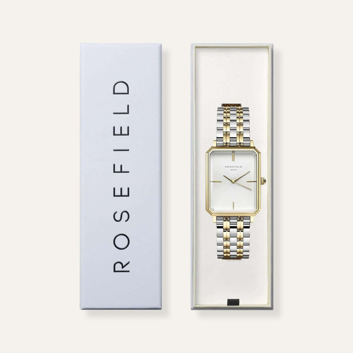 Ρολόι Rosefield Octagon OWSSSG-O48 με δίχρωμο ασημί-χρυσό ατσάλινο μπρασελέ και άσπρο καντράν σε οκτάγωνο σχήμα μεγέθους 23mmX29mm.