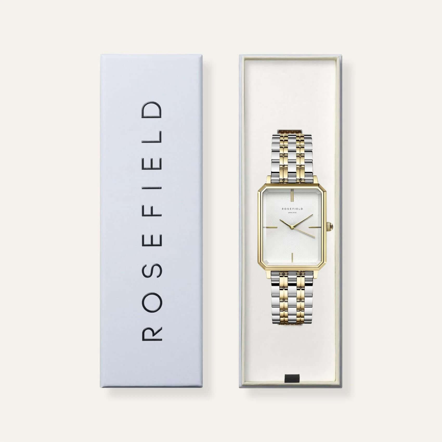 Ρολόι Rosefield Octagon OWSSSG-O48 με δίχρωμο ασημί-χρυσό ατσάλινο μπρασελέ και άσπρο καντράν σε οκτάγωνο σχήμα μεγέθους 23mmX29mm.