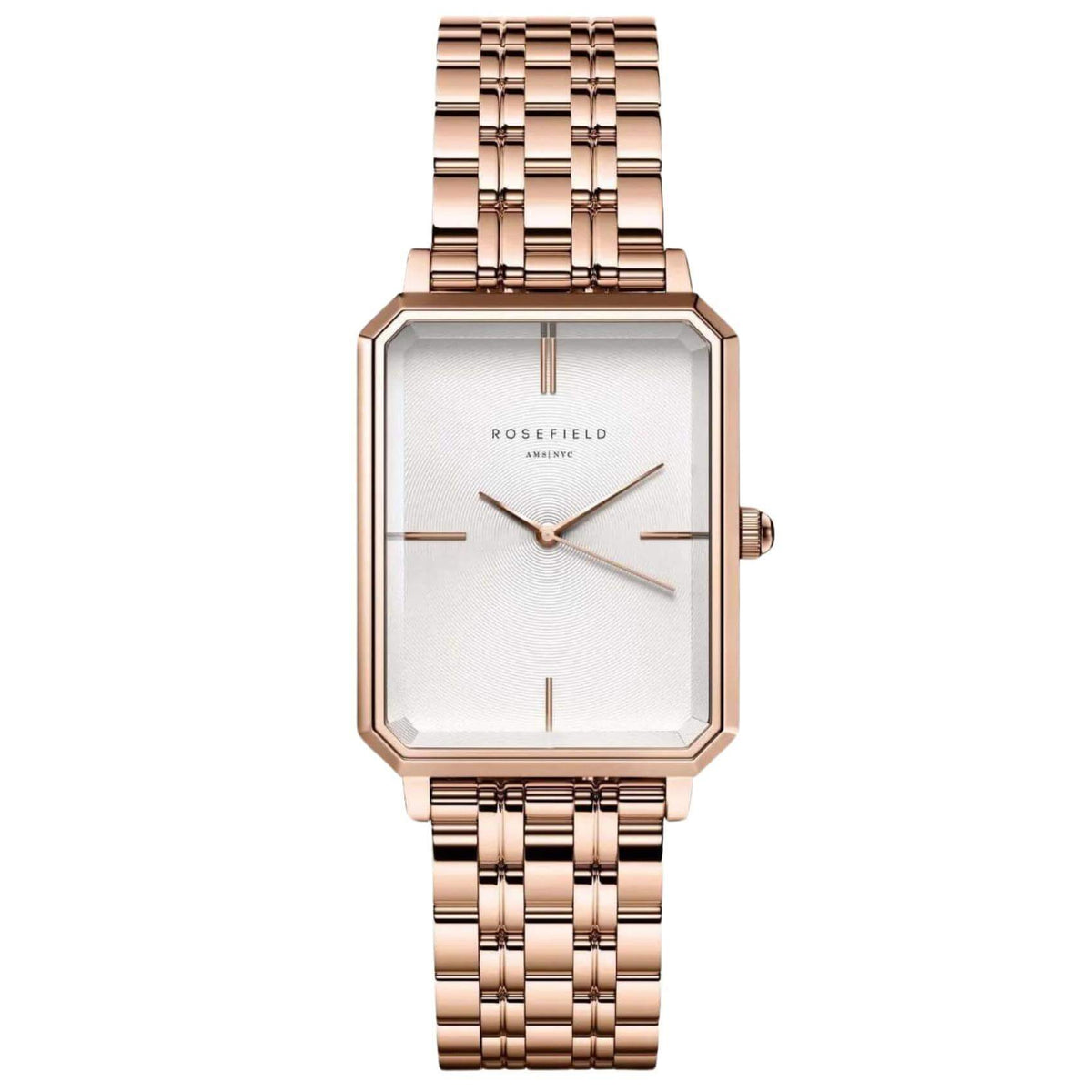 Γυναικείο ρολόι Rosefield Octagon White Sunray OCWSRG-O42 με ροζ χρυσό ατσάλινο μπρασελέ, καντράν σε άσπρο χρώμα και οκτάγωνο σχήμα μεγέθους 23mmX29mm. 