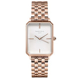 Γυναικείο ρολόι Rosefield Octagon White Sunray OCWSRG-O42 με ροζ χρυσό ατσάλινο μπρασελέ, καντράν σε άσπρο χρώμα και οκτάγωνο σχήμα μεγέθους 23mmX29mm. 
