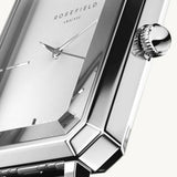 Γυναικείο ρολόι Rosefield Octagon White Sunray OCWSS-O41 με ασημί ατσάλινο μπρασελέ, καντράν σε ασημί χρώμα και οκτάγωνο σχήμα μεγέθους 23mmX29mm.