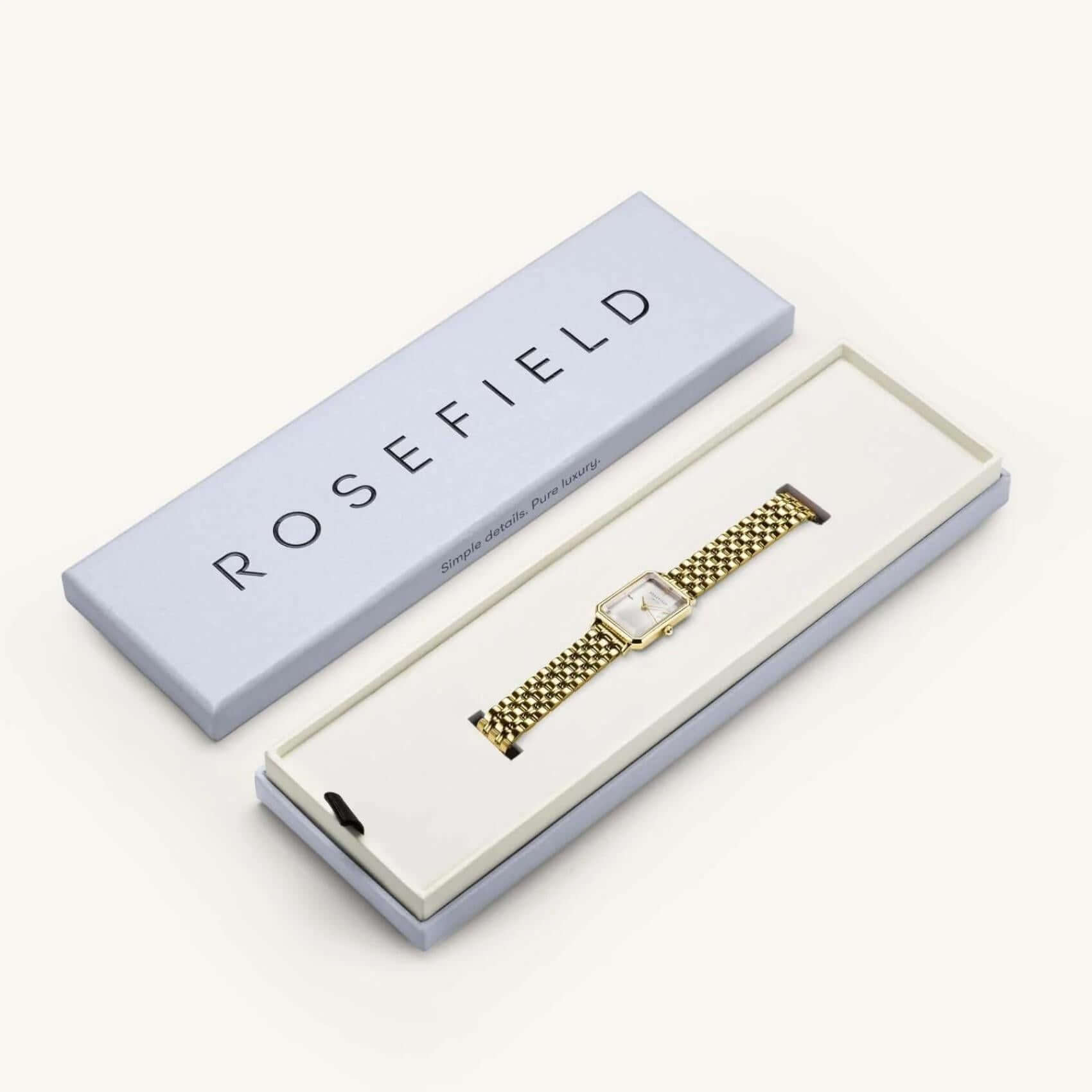Rολόι Rosefield Octagon XS OWGSG-O60 με χρυσό ατσάλινο μπρασελέ, άσπρο καντράν και οκτάγωνο σχήμα μεγέθους 19.5mmX24mm.